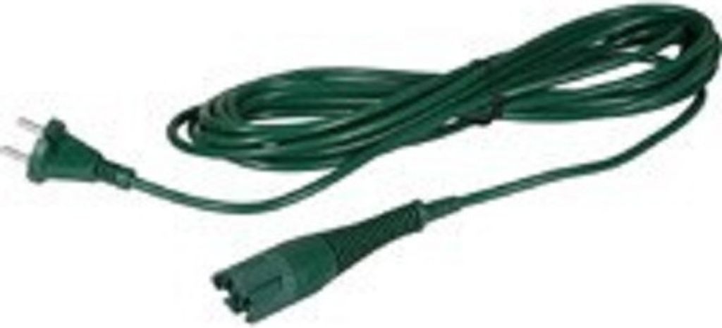A green power cord with two different ends, coiled on a white background.