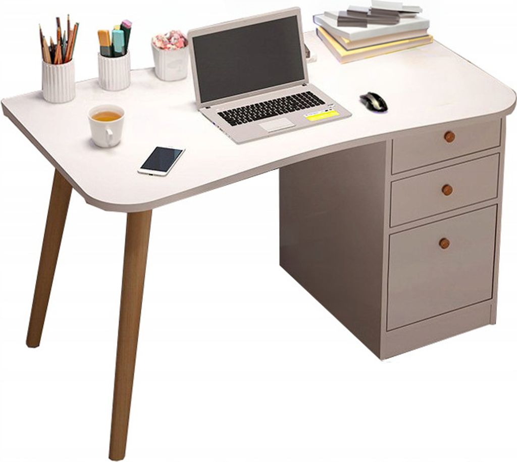 A white corner desk with wooden legs and gray drawers, set up with a laptop, mouse, phone, and desk accessories.