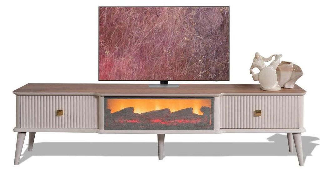Beiger TV-schrank aus Walnussholz mit Kamin und Bluetooth-Steuerung