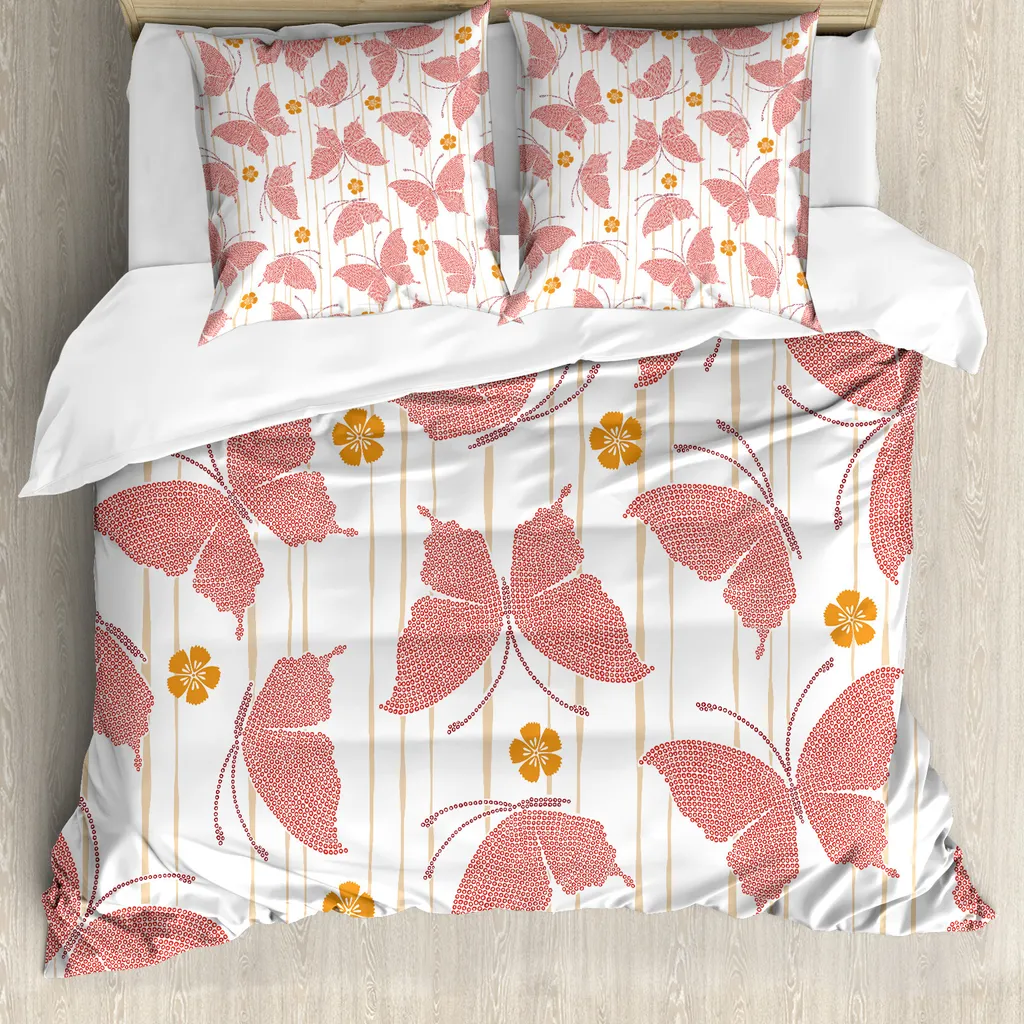 ABAKUHAUS Set copripiumino a farfalla per letti matrimoniali, Flower Dots Artistico, Antiacaro Adatto a chi soffre di allergie Con federe, Crema arancione rossa