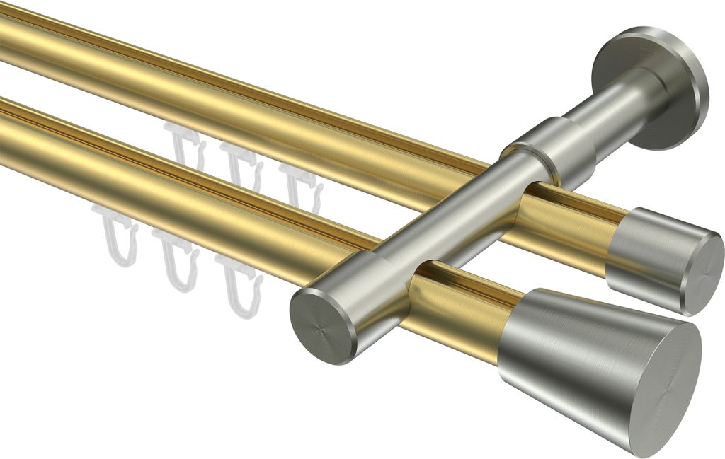 Interdeco Innenlaufstange / Gardinenstange mit Innenlauf Messing-Optik / Edelstahl-Optik, Typ Prestige Sitra (Konus), 20 mm Ø 2-läufig, 420 cm