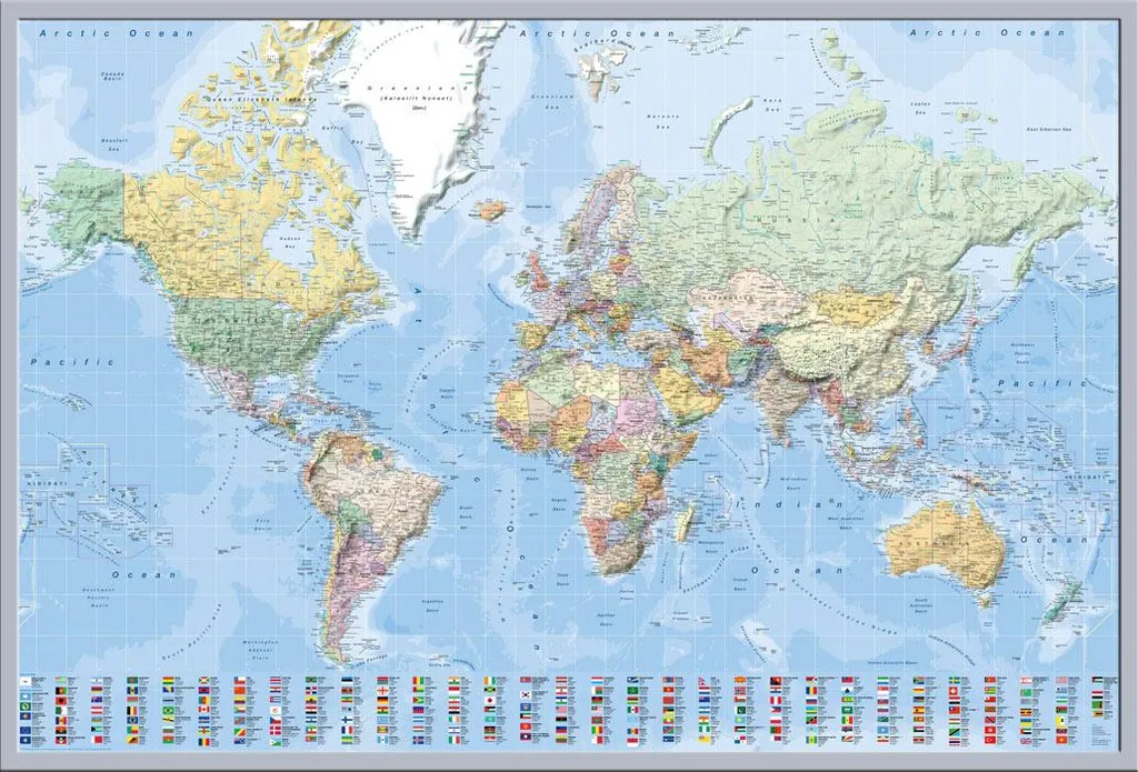 Affiche planisphère murale World Map encadrée format XL gris argent
