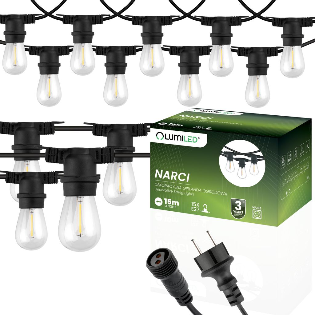 LUMILED Lichterkette Außen 15 Meter mit 15 E27 LED 1W Glühbirne Warmweiß 2700K 230V Birnen für Garten Biergarten Party Hochzeit Dekoration Terr...