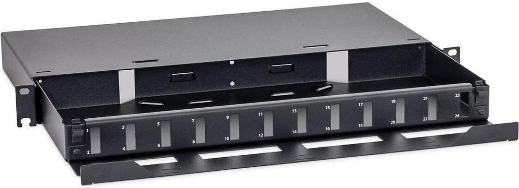 Ausziehbares 19" LWL-Gehäuse 1HE für 12x SC Duplex, RAL9005 schwarz