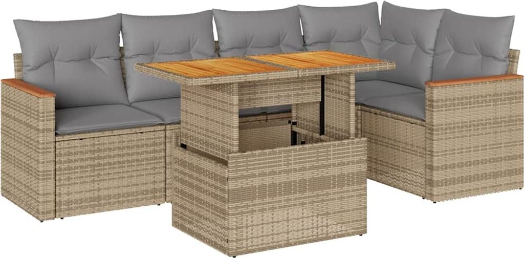 vidaXL 6-tlg. Garten-Sofagarnitur mit Kissen Beige Poly Rattan Akazie