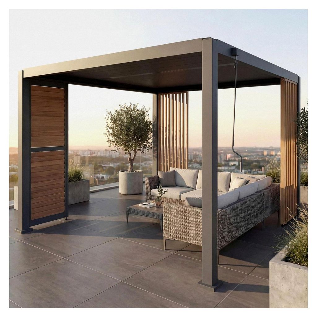 Pergola mit 1 Lamellenwand und 2 Seitenwänden, Lamellen-Pavillon, 10cm Aluminiumgestell 3x3m in Holzoptik - anthrazit