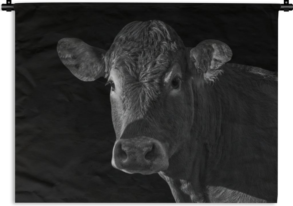 MuchoWow Wandteppich Wandbehang Kuh - Tiere - Schwarz - Weiß - Porträt 90x67.5 cm Tapisserie Dekoration Wandtuch - Fototeppich - Wand-Skulpturen