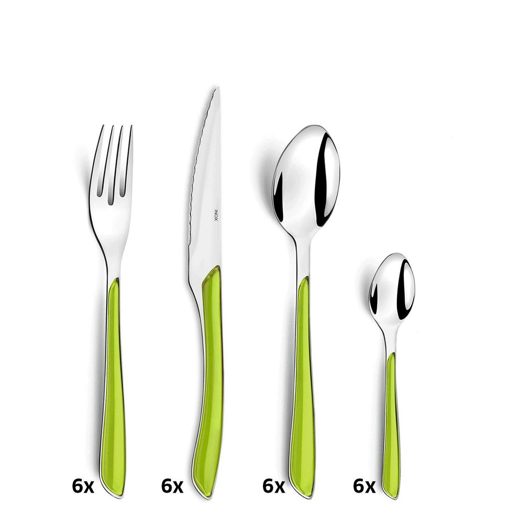 A set of four cutlery pieces with green handles, arranged in a line against a white background.