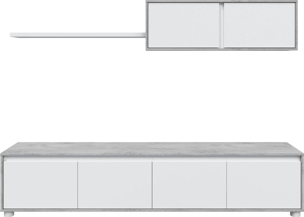 ALIDA TV-Schrank-Set – 4-türiger Unterschrank + 2-türiger Hochschrank + Hängeregal – Weiß und Zement