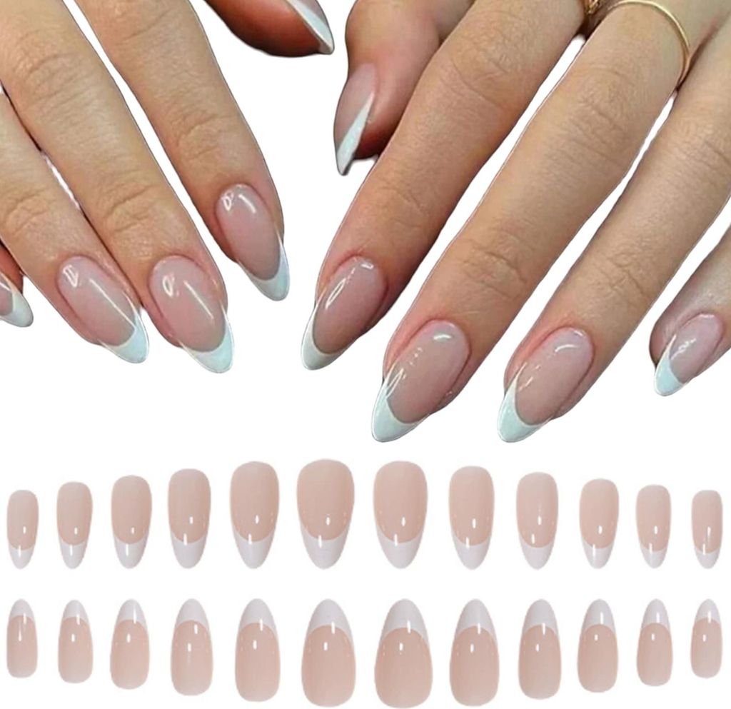 24 kurze künstliche Fingernägel in Mandel-, French-Tip- und Nude-/Weiß-Optik zum Aufkleben, glänzende, abnehmbare Klebenägel mit Klebestickern...