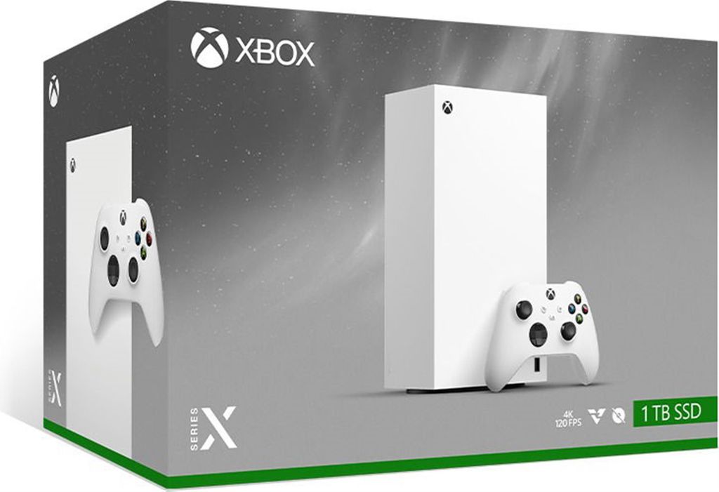 The image shows the packaging of an Xbox Series X console and controller.
