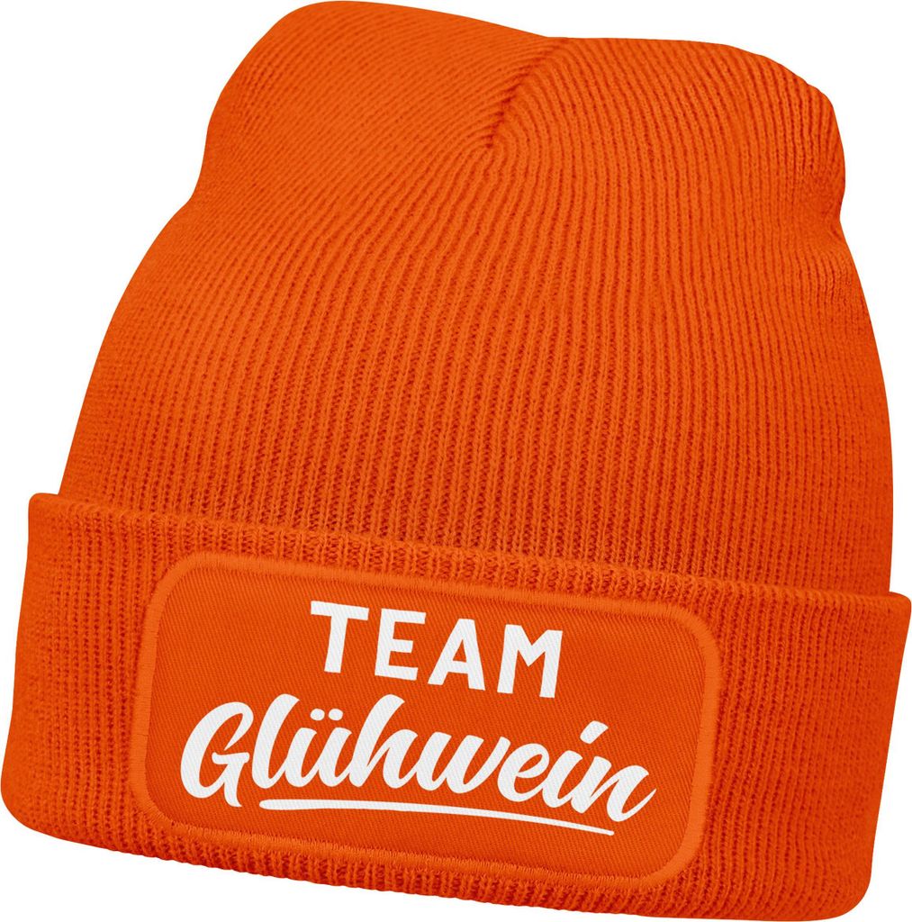 Damen Beanie mit Patch Strickmütze mit Spruch Team Glühwein Damenmütze Weihnachtsmarkt Outfit Moonworks