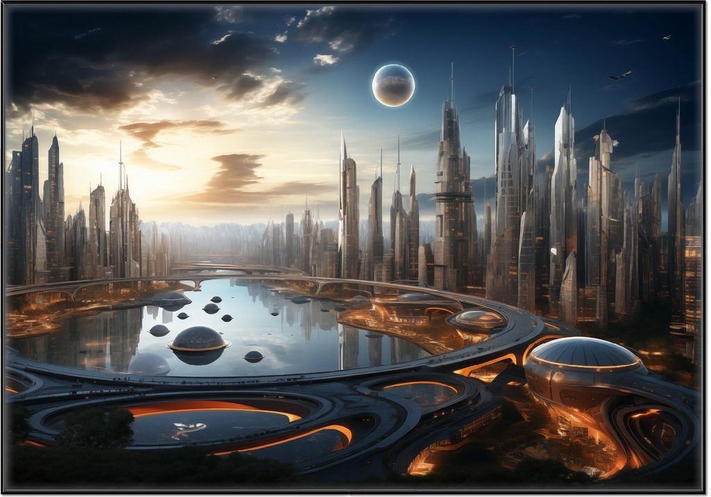 Wallario Wandbild Morgendämmerung der Zukunft, Größe: 70,30 x 100,30 cm, Poster mit schwarzem Aluminiumrahmen