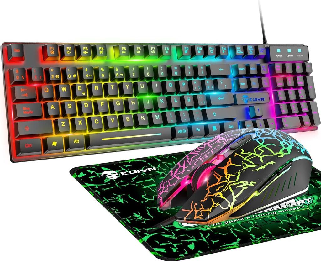 Gaming-Tastatur und Maus, RGB-Hintergrundbeleuchtung, ergonomisch, USB, mechanische Haptik, Gaming-Tastatur + 2400 DPI, 6 Tasten, optische Regenbogen
