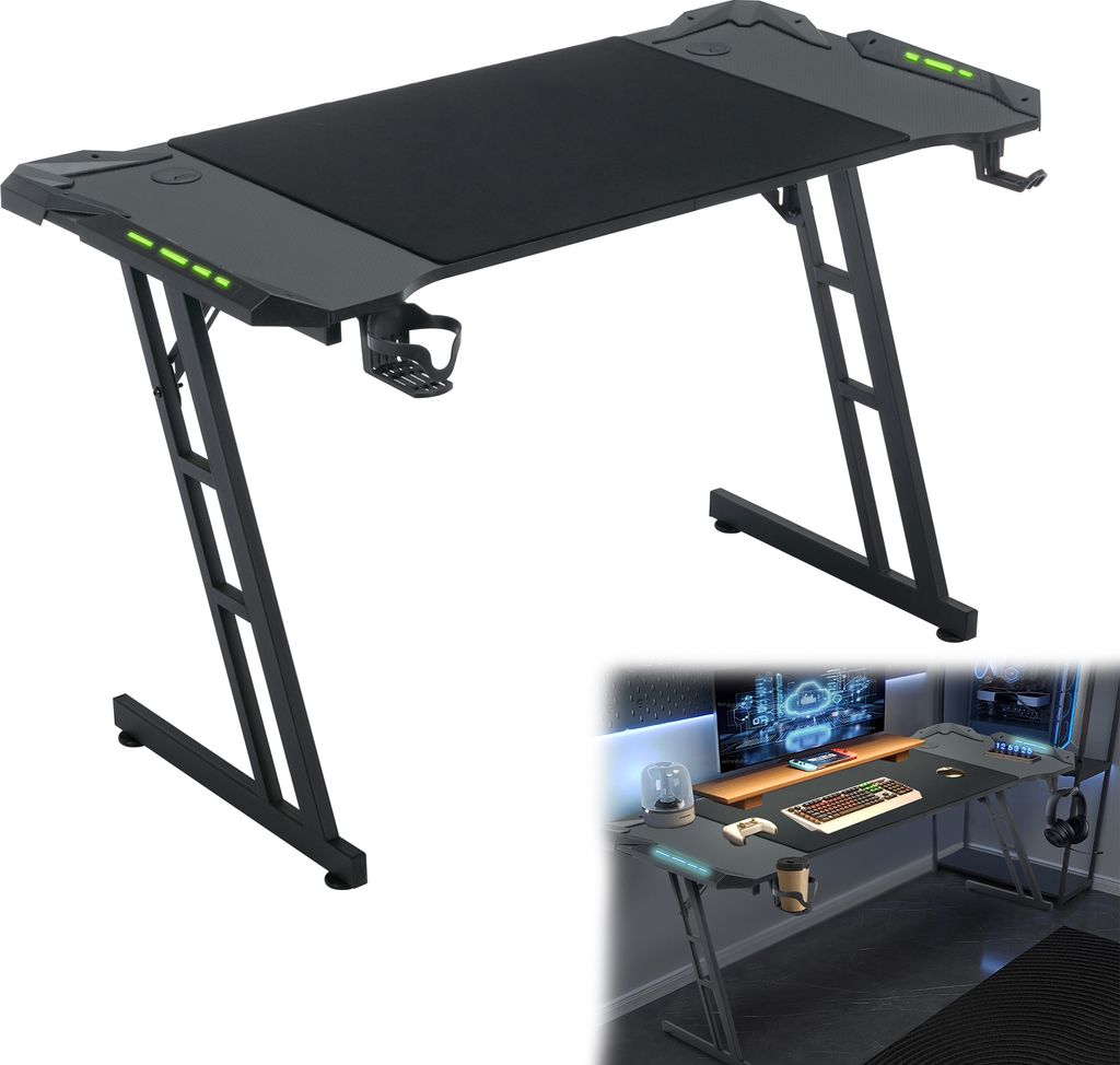LARS360 140 x 60cm Gaming Schreibtisch Gaming Schreibtisch mit RGB LED - Kopfhörerhaken und Getränkehalter Schwarz Computertisch Bürotisch Gamer...