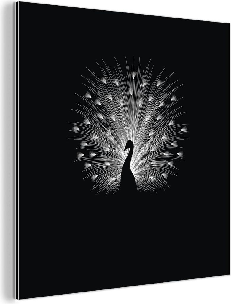 MuchoWow Wanddekoration Metall Metallbild Wandkunst 20x20 cm Pfau - Schwarz - Weiß MuchoWow Aluminium Gemälde - Alu Dibond Bilder