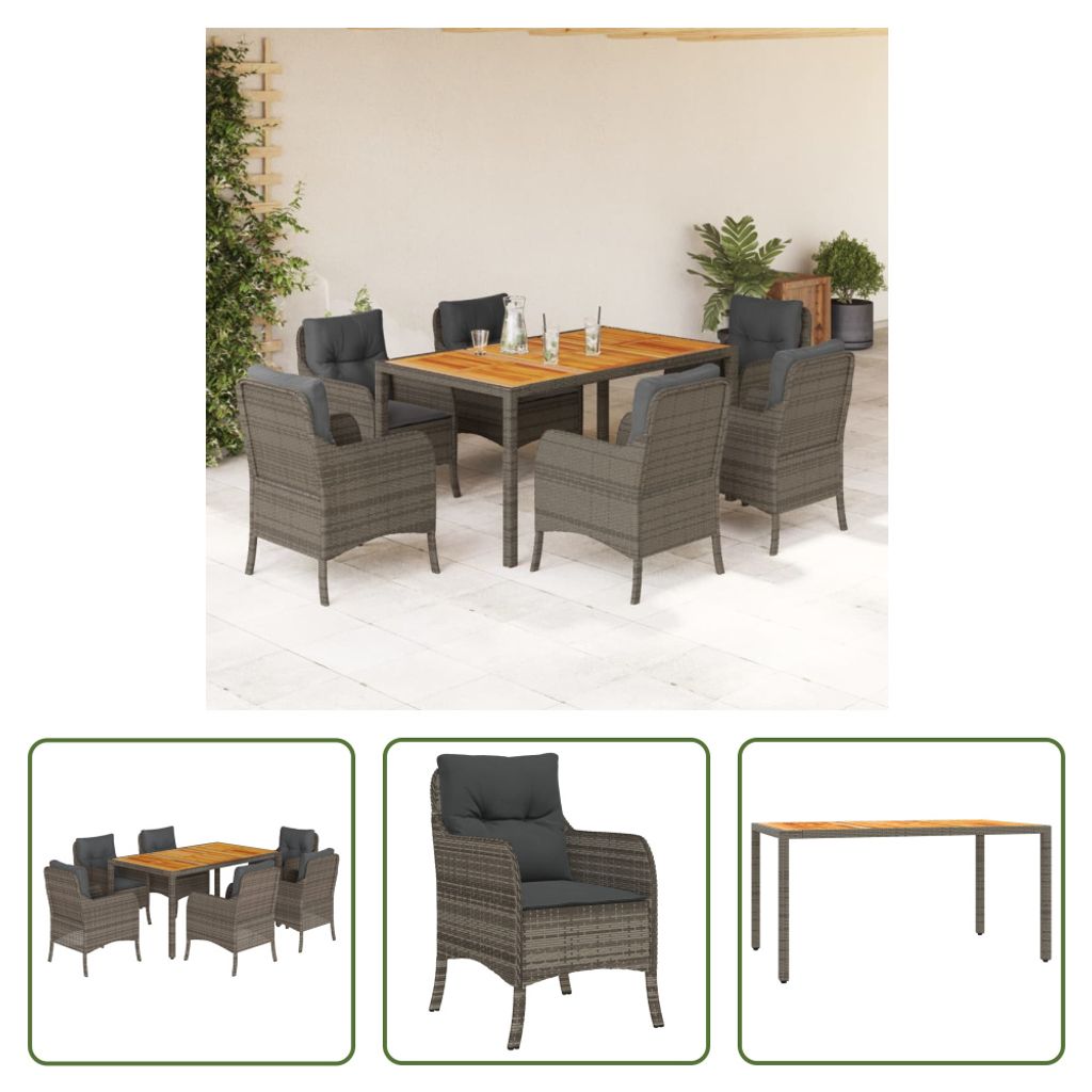 The Living Store 7-tlg. Garten-Essgruppe mit Kissen Grau Poly Rattan