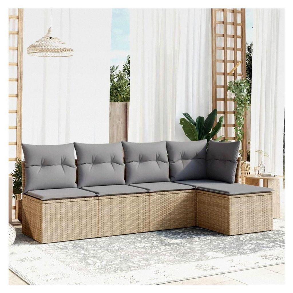 5-teiliges Rattan Gartenmöbel Set, Balkon Lounge, Outdoor Loungemöbel Rattan Sitzlounge Ecklounge Ecksofa Gartensofa Balkonsofa Beige und Grau