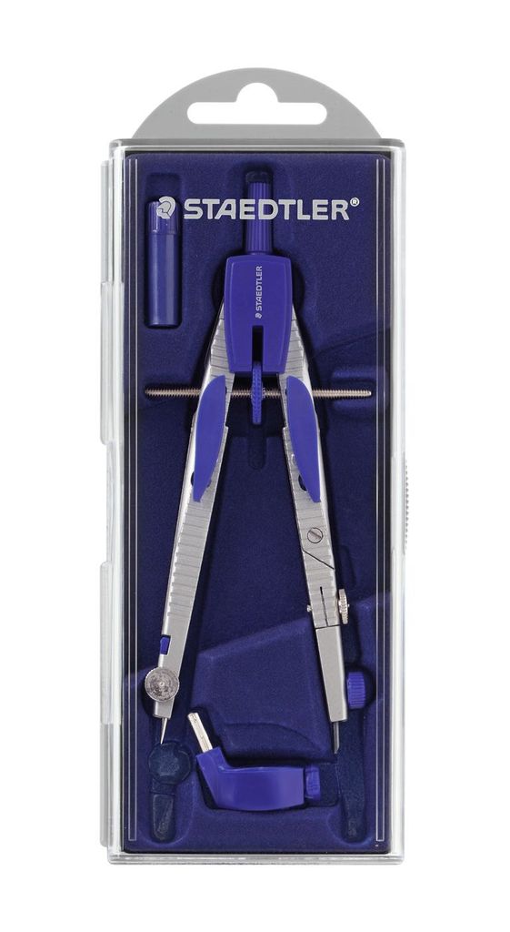 A Staedtler compass set in its clear plastic packaging.