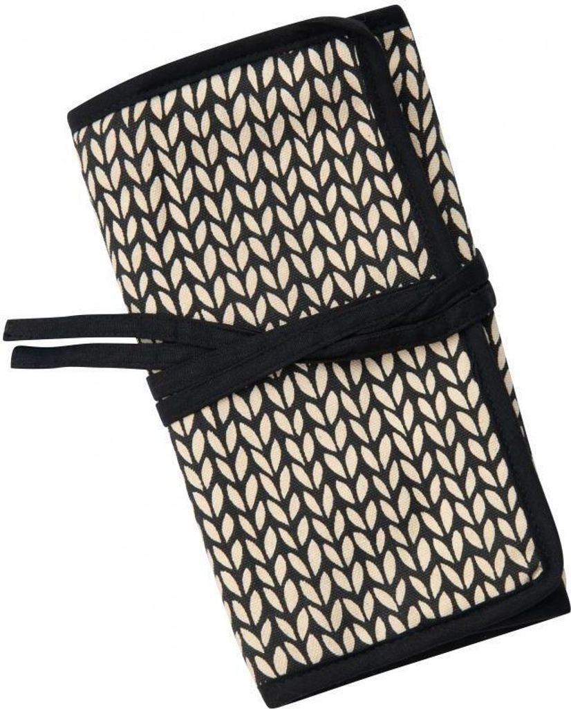 A closed knitting needle case with a leaf pattern and black ties.