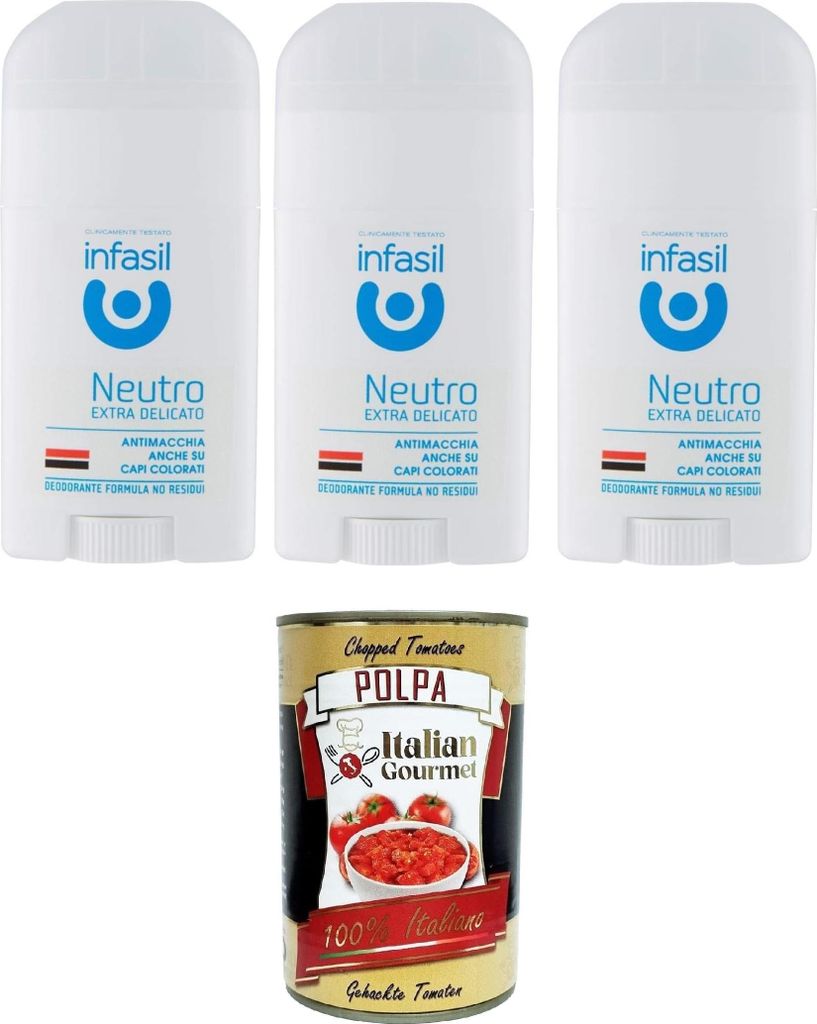 Infasil Deodorant Neutro Extra Delicato Deo Stick - Deodorante Ohne Aluminiumsalze 3x50ml + Italian Gourmet polpa 400g