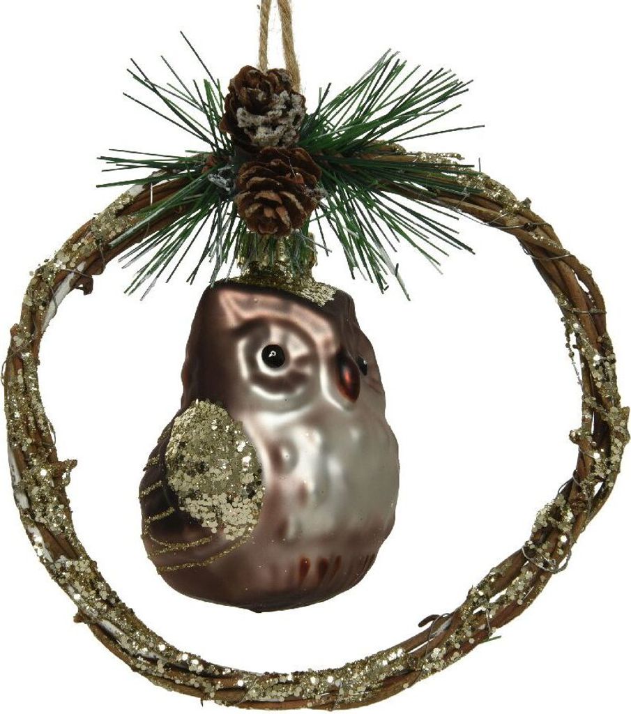 Anhänger Eule mit Zweige - Kranz Glas 13cm, 1 Stück