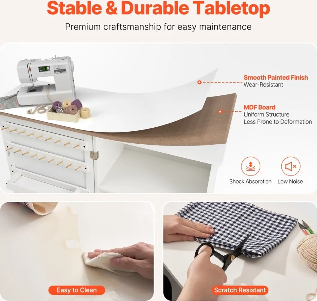 Table de couture blanche modulable sur roulettes avec rangements variés
