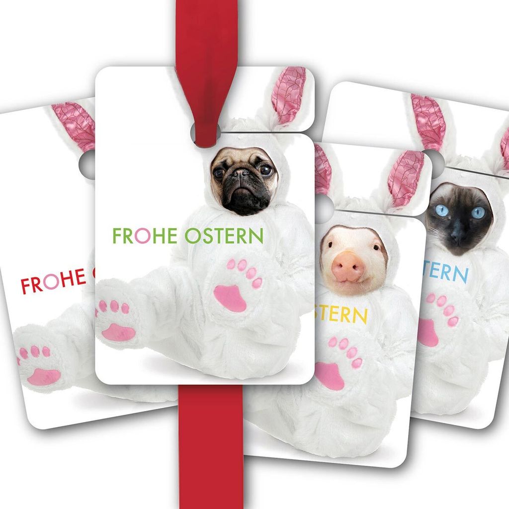 8 Oster Geschenkanhänger mit Mops, Katze, Wolf und Schweinchen