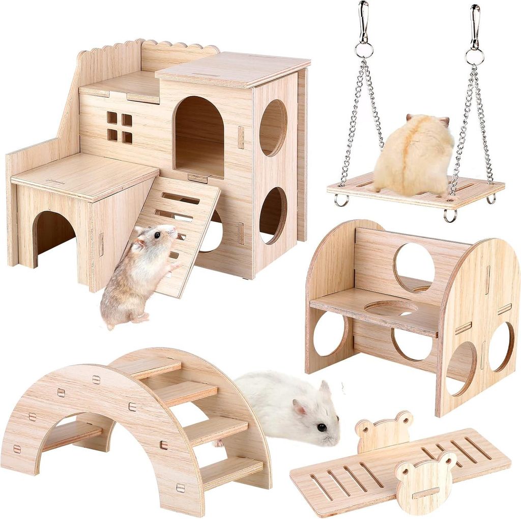 Cavia Spielzeug Holz Hamsterspielzeug Do-It-Yourself Versteckplatz Brücke Wippe Schaukel Trainingsspielzeug - 5 Stück Zubehör für Käfig für R...