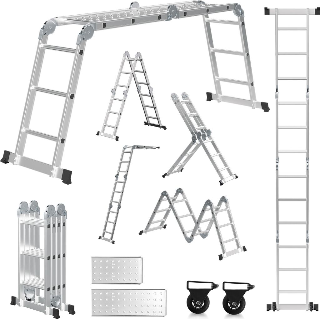 Clanmacy 6 in 1 Leiter Mehrzweckleiter Alu Gelenkleiter Klappleiter 360cm Multifunktionsleiter Aluleiter Mit Plattform Bis 150KG 4 X 3 Stufen Silber