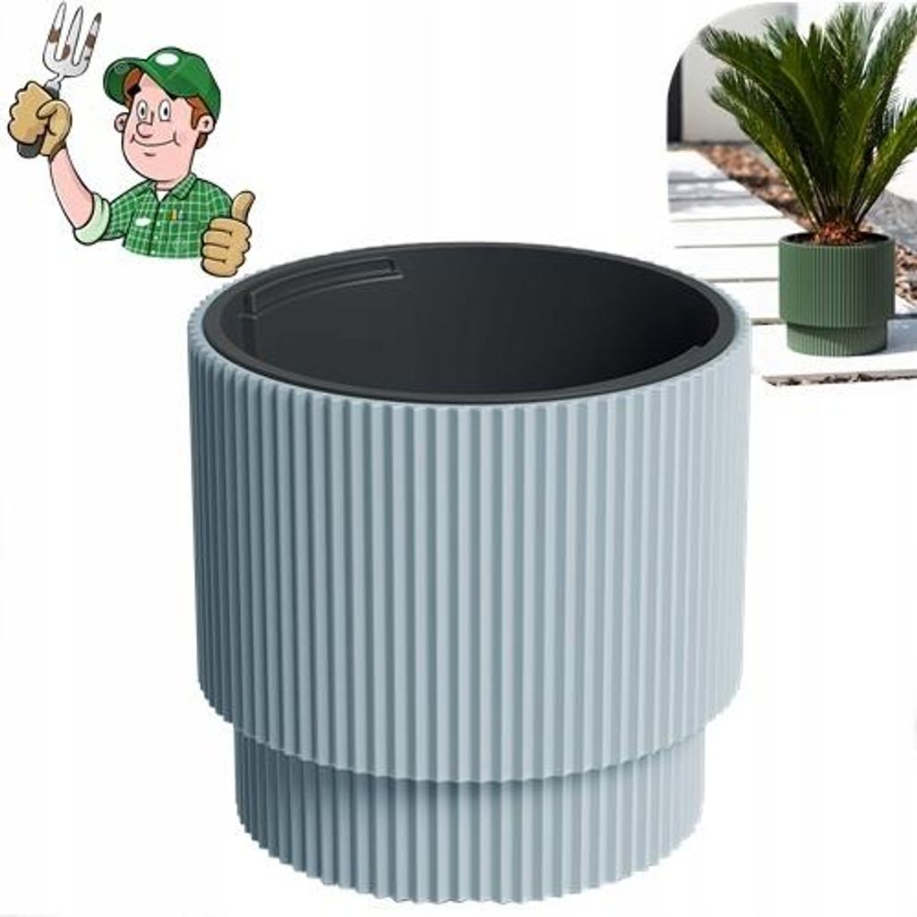 A cartoon gardener gives a thumbs up next to a light gray planter pot. A small inset image shows a green planter pot with a plant.