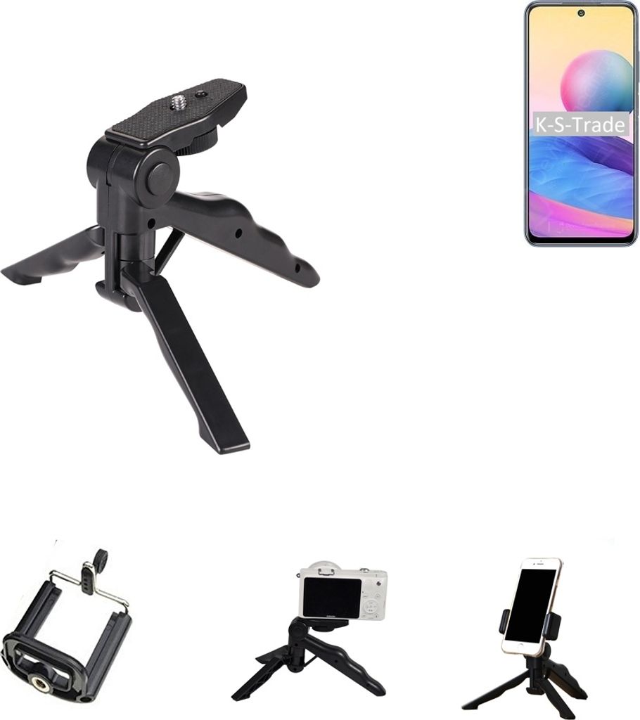 K-S-Trade Stativ Tisch-Ständer Dreibein Handy-Stativ Ständer kompatibel mit Xiaomi Redmi Note 10 5G China Mini-Stativ Smartphone Tripod Handy-Stativ