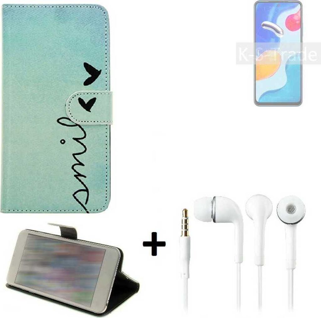 K-S-Trade Schutz Hülle Handy Hülle kompatibel mit Xiaomi Redmi Note 11S Global 360° Wallet Case Schutz Hülle ''smile'' inkl. Ohrstöpsel