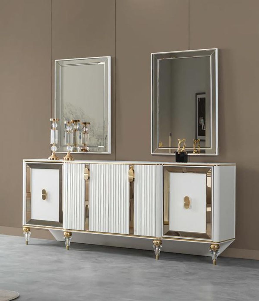 Esszimmer Sideboard Kommode Schrank mit 2x Spiegele Weiß Gold Edelstahl
