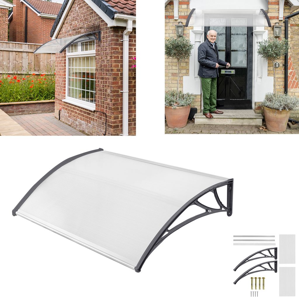 XMTECH Vordach Haustürvordach 150x100cm Pultbogenvordach Überdachung für Haustür Transparent Polycarbonat Türdach Pultvordach, Grau