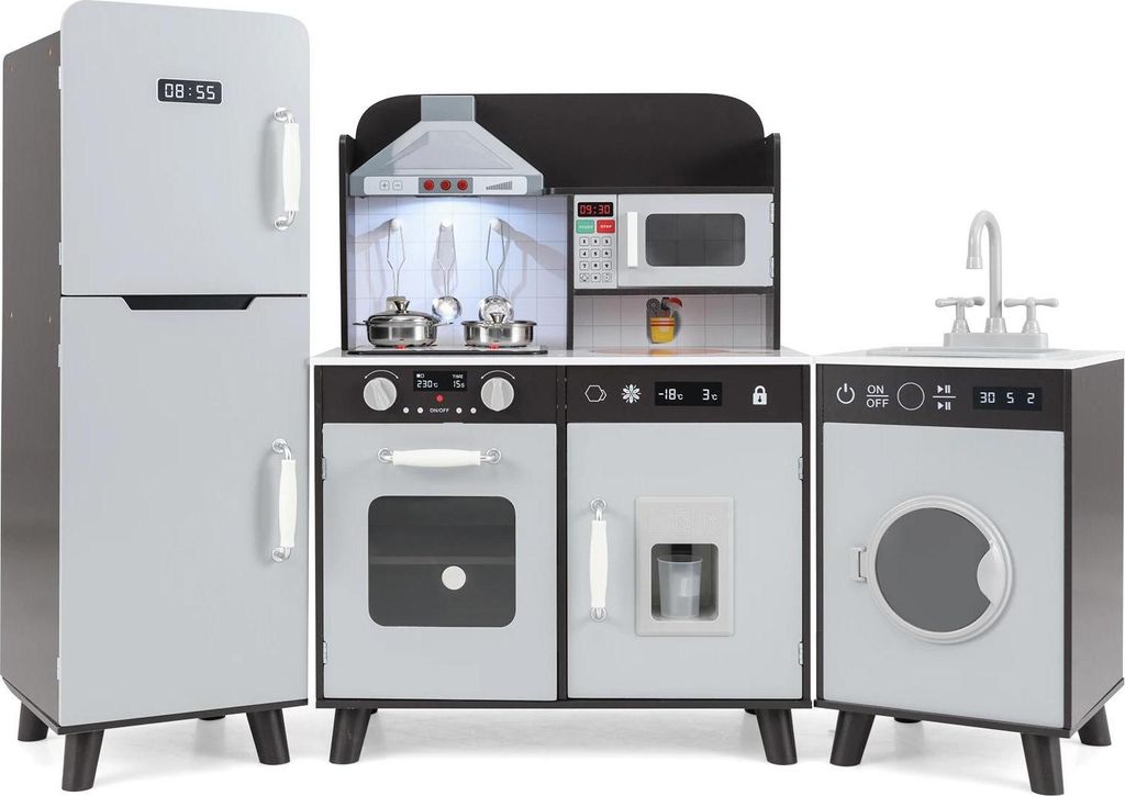 Kinderküche - Spielküche aus Holz - 3‐in‐1 Kühlschrank, Waschmaschine & Mikrowelle - Mit Zubehör - AAA‐Batterie - Für 3–6 Jahre - Braun