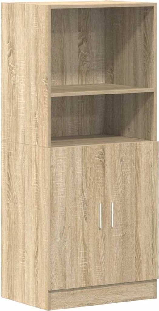 A tall, narrow wooden cabinet with two shelves and two doors.