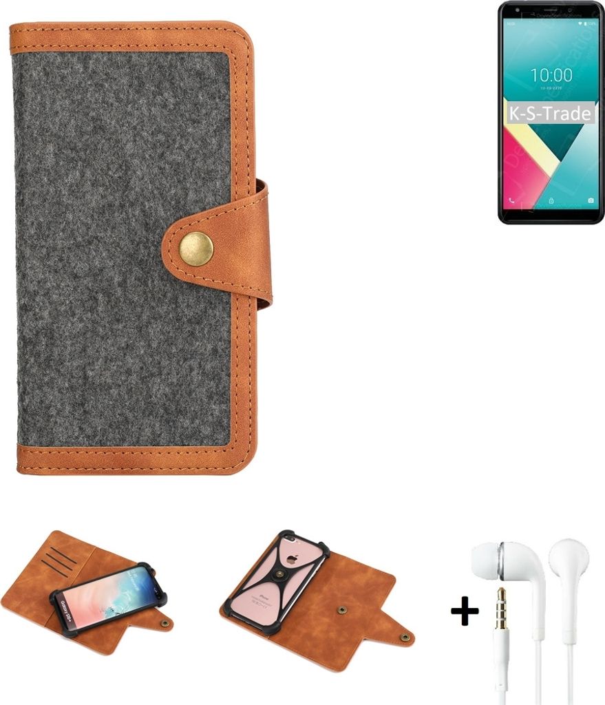 K-S-Trade Handyhülle + Kopfhörer kompatibel mit Wiko Y61 Schutzhülle Filzhülle Kunstleder dunkelgrau braun (1x)