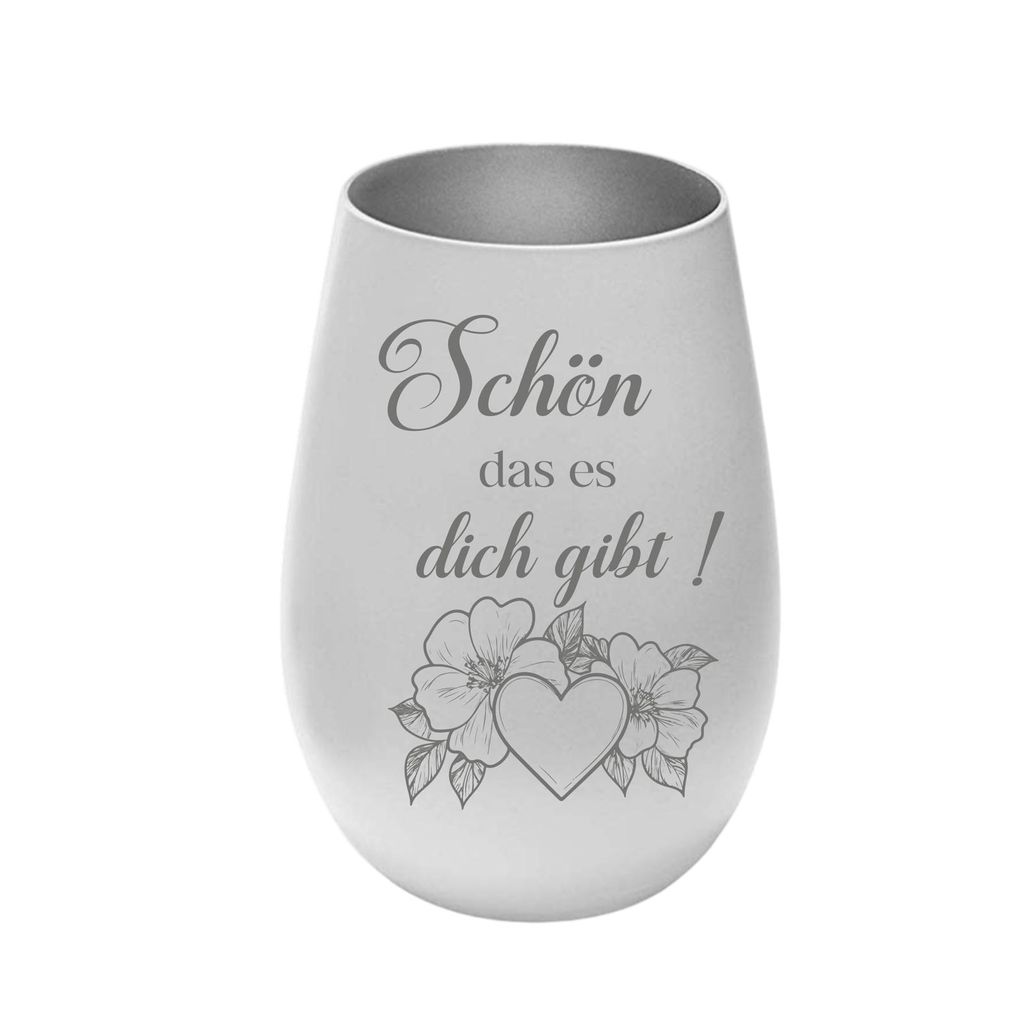 Stölzle Lausitz Windlicht aus Glas weiß silber mit Lasergravur „Schön das es dich gibt“, persönliches Geschenk für Freunde, Familie und Pa...