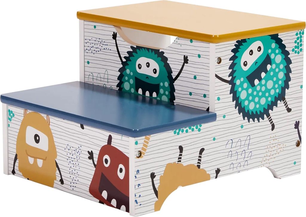 Ginger Home Kindertreppe aus Holz mit praktischem Stauraum und lustigem Monster-Design,