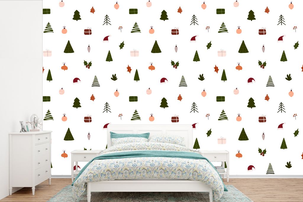 MuchoWow Fototapete für Wohnzimmer oder Schlafzimmer Wandtapete Vinyl Motivtapete Weihnachten - Schablonen - Weiß - 330x220 cm - Fototapeten