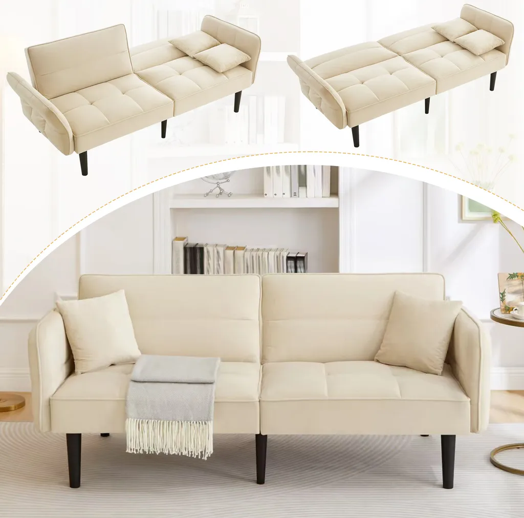 Lit d'Appoint 2 Places Compact en Velours Beige pour Invités Inattendus