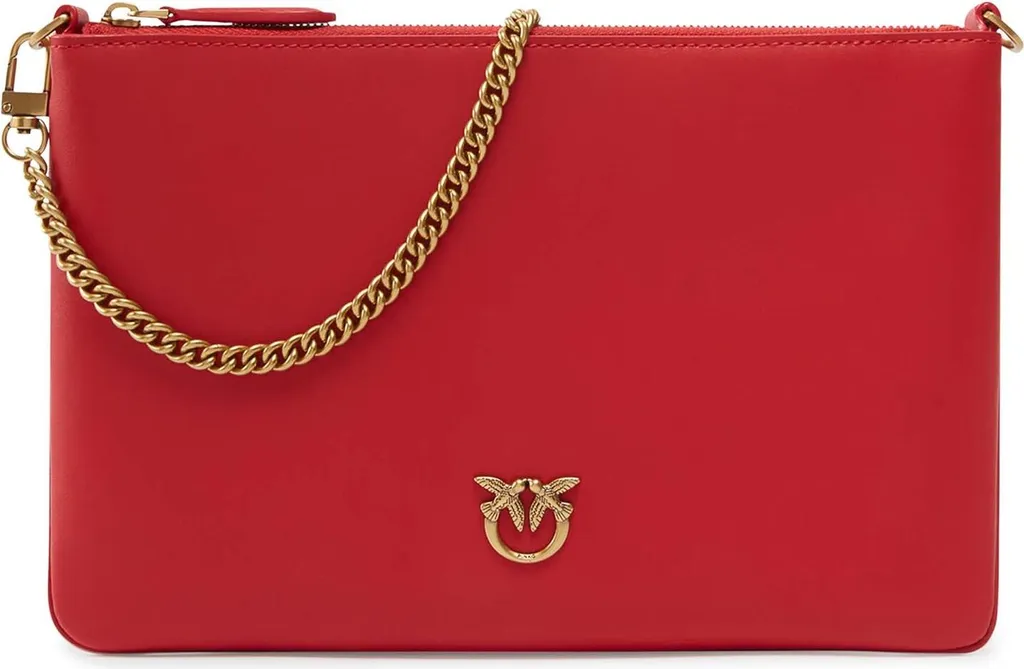 Sac à épaule fin en cuir rouge et boucles dorées style antique