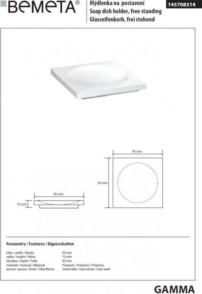Quadratischer Seifenhalter GAMMA aus Kunstharz 9,5 x9,5 x1,5 cm BEMETA Farbe: Weiß,