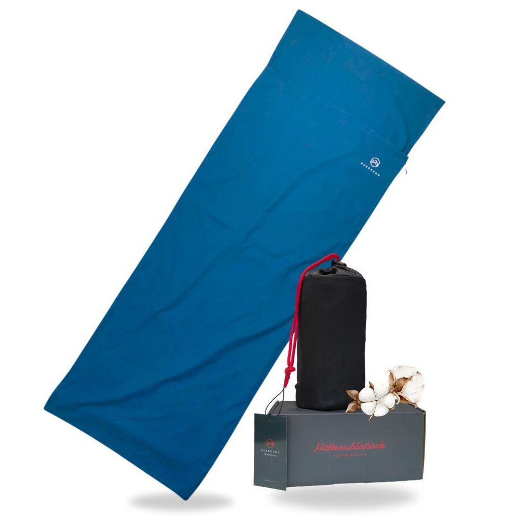 NORDKAMM Hüttenschlafsack 100% Baumwolle leicht Reisen, Camping, Wandern, blau