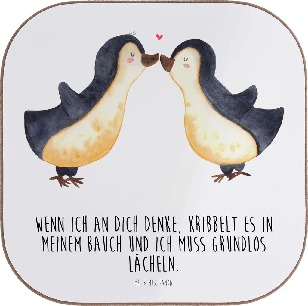Mr. & Mrs. Panda Untersetzer für Gläser Pinguine Kuss - Weiß - Geschenk, Tischschoner, Frauen, Valentinstag, Coaster, Freundin, gläseruntersetz...
