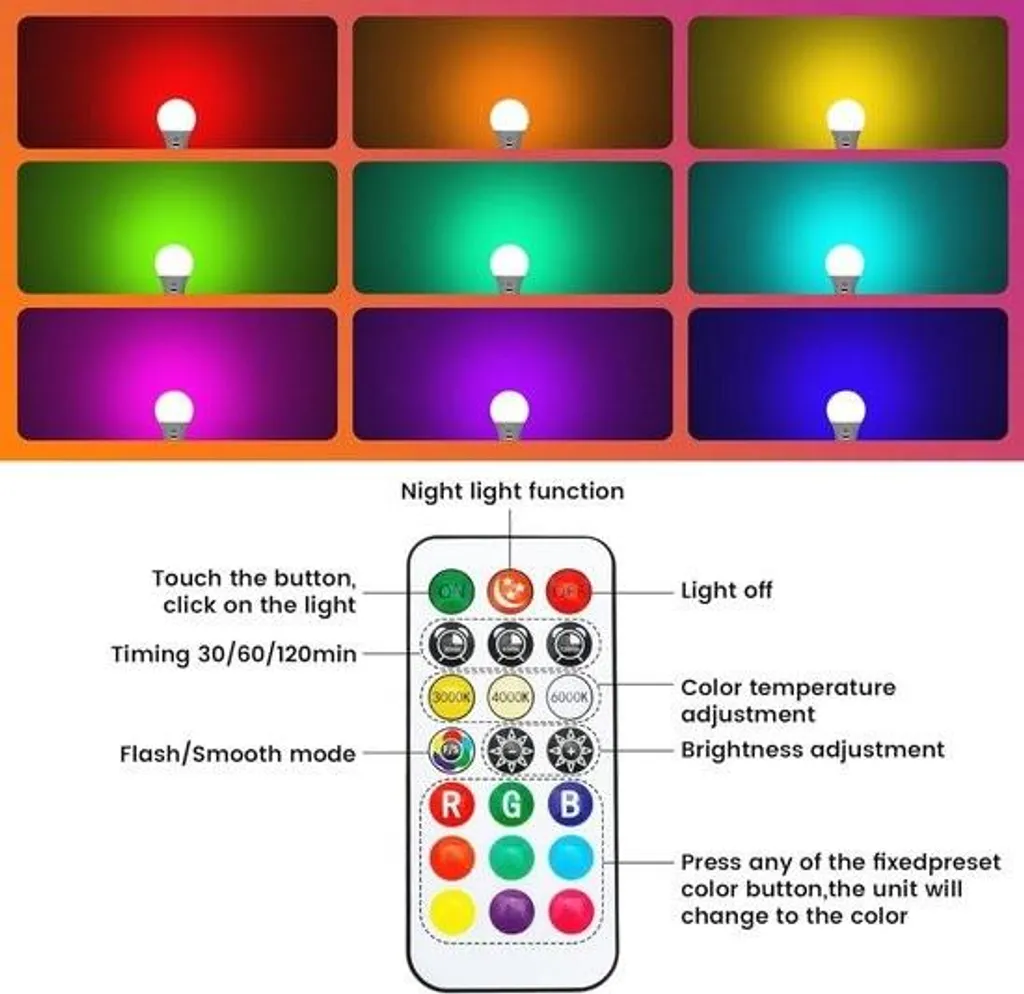 Ampoule RGB rechargeable avec télécommande LED dimmable et minuterie