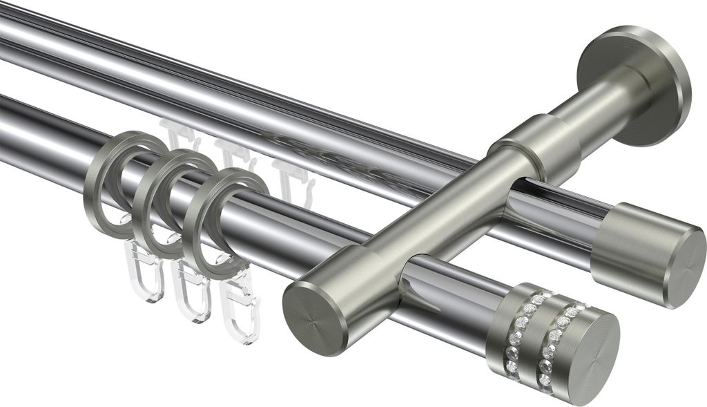 Interdeco Rundrohr-Innenlaufstange / Gardinenstange (Kombination) Chrom / Edelstahl-Optik, Typ Prestige Estana (Glitzerkappe), 20 mm Ø 2-läufig, ...
