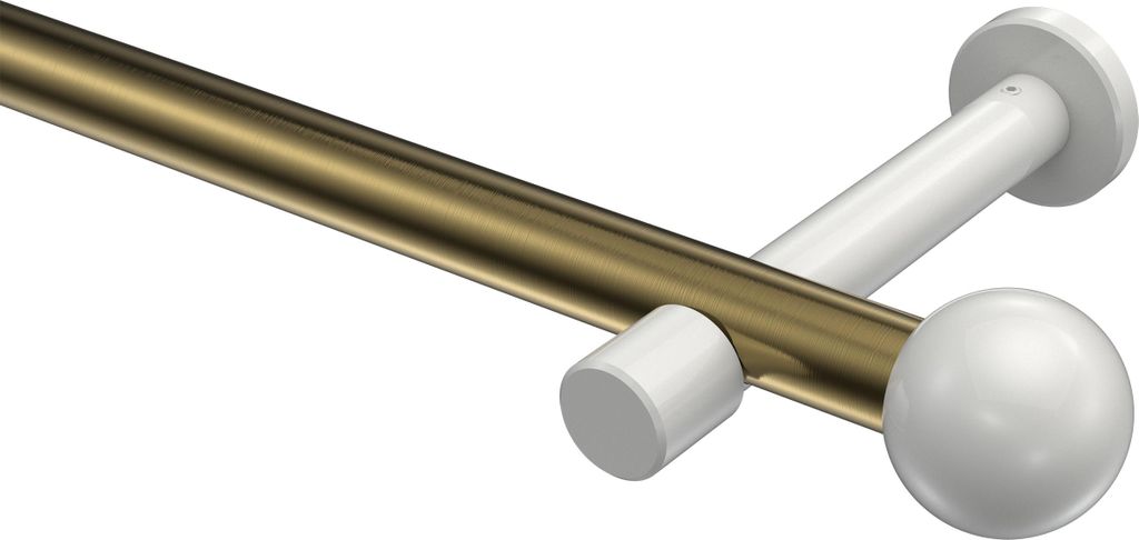 Interdeco Gardinenstange / Vorhangstange Messing Antik / Weiß, Typ Prestige Luino (Kugel) ohne Ringe, 20 mm Ø 1-läufig, 200 cm