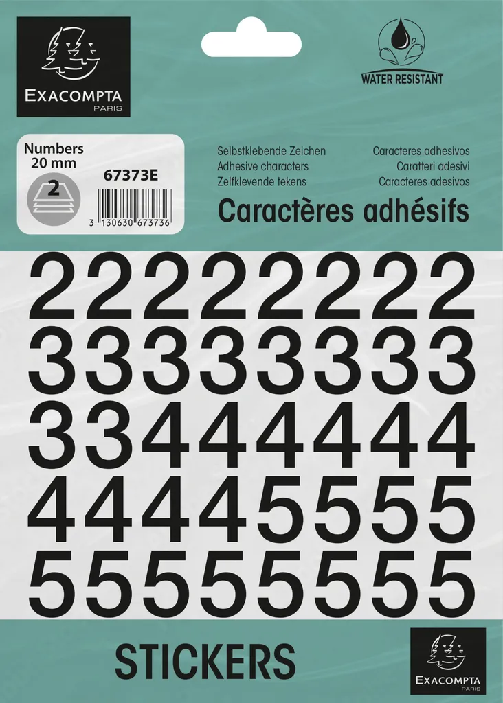 Exacompta 67373E Chiffres Adhésifs Noirs 0-9 de 20 mm - Lot de 10 Étuis